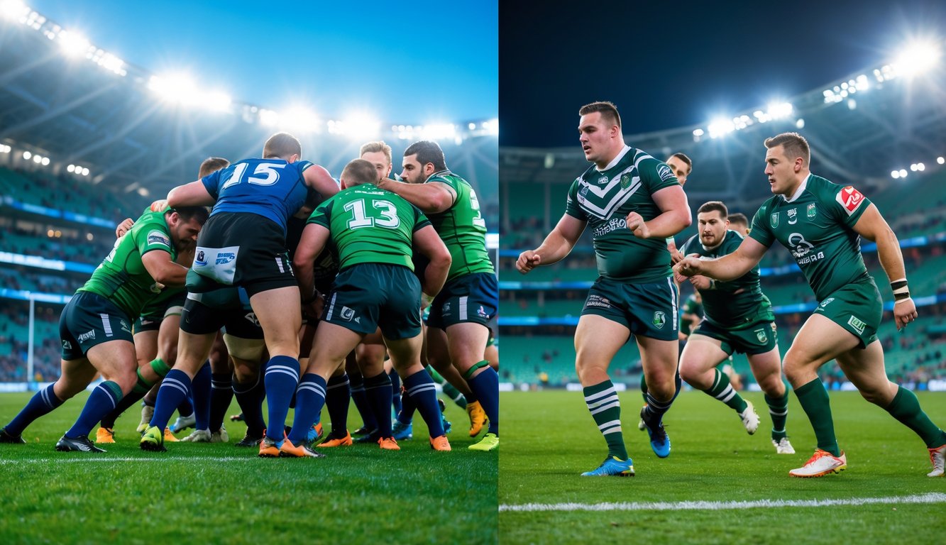 Dua tim rugby sedang bermain di lapangan hijau, satu sisi menunjukkan pemain Rugby Union sedang melakukan scrum, sisi lain menunjukkan pemain Rugby League melakukan tackle.