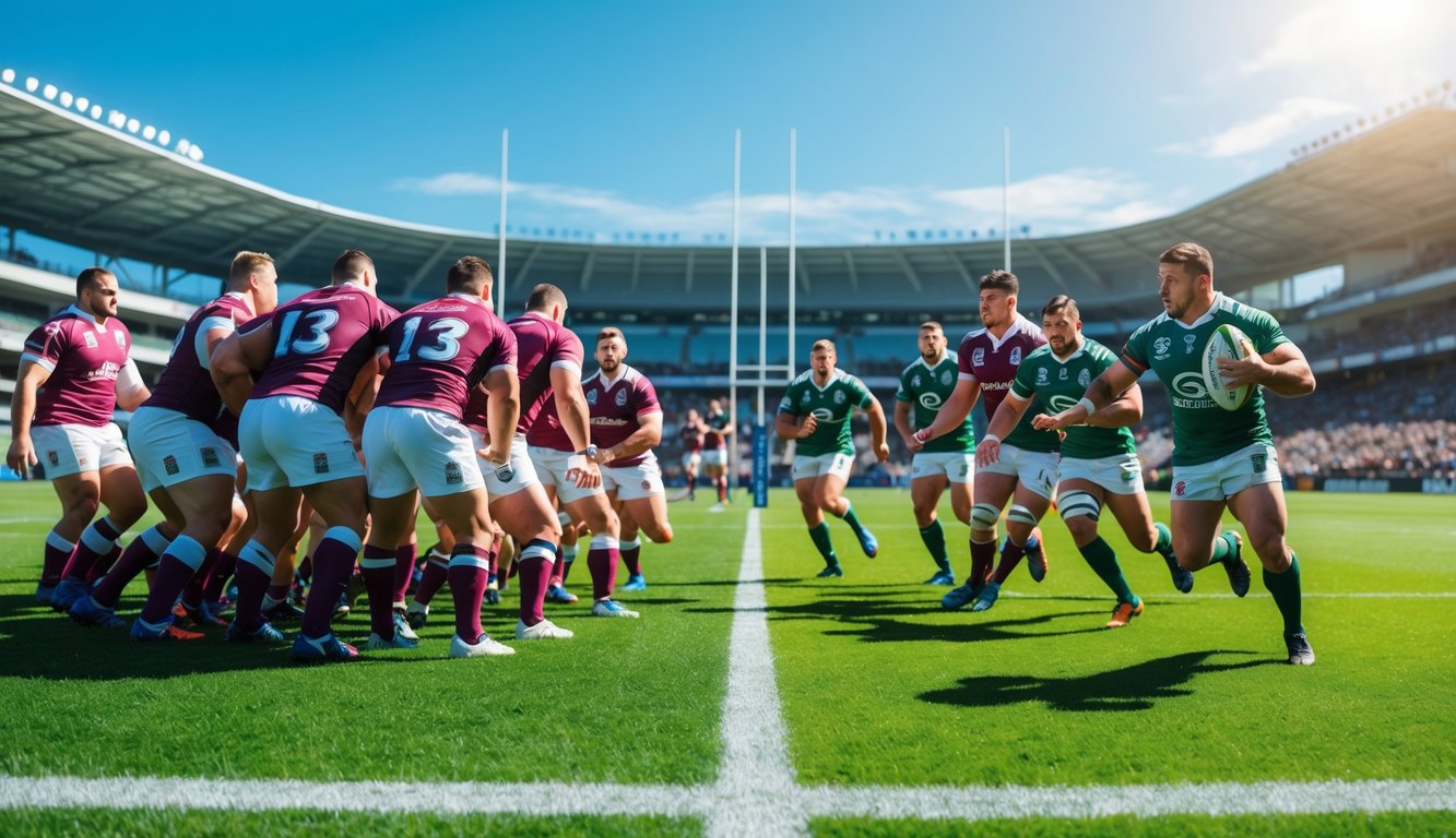 Dua kelompok pemain rugby sedang bermain di lapangan hijau dengan latar stadion dan penonton, memperlihatkan perbedaan gaya permainan Rugby Union dan Rugby League.