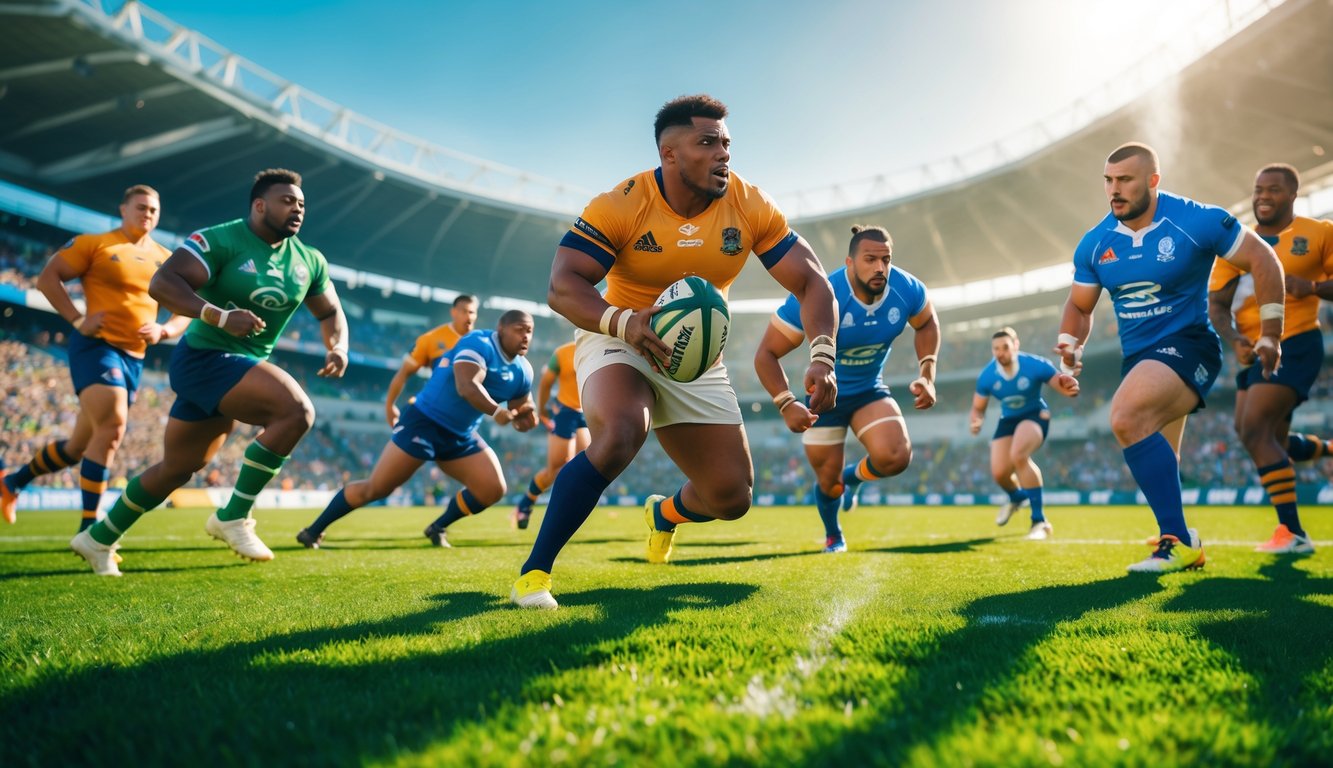 Pertandingan rugby sedang berlangsung di lapangan hijau dengan pemain yang fokus dan penonton di stadion.
