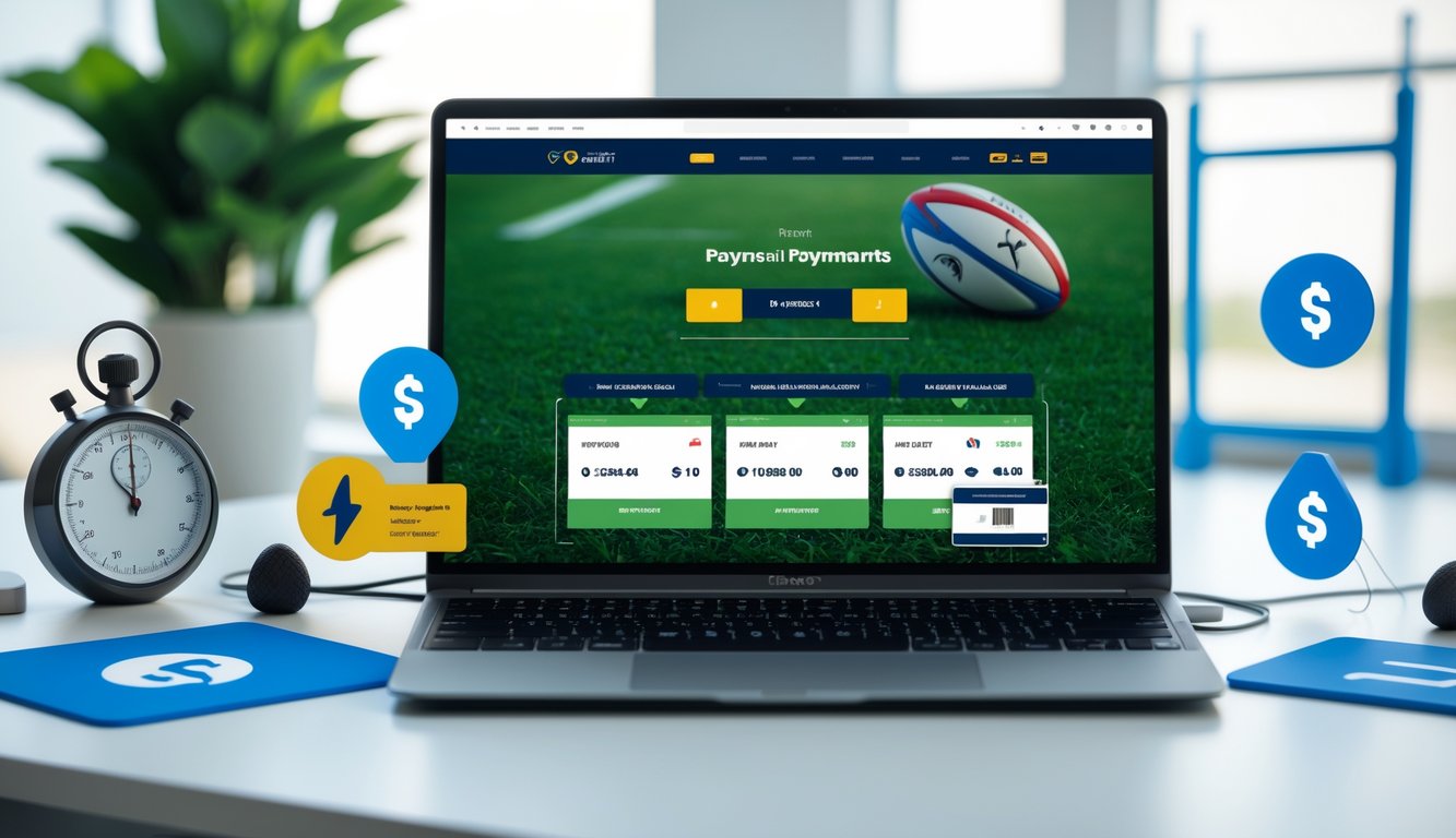 Seorang pengguna menggunakan laptop dengan tampilan situs taruhan rugby, dikelilingi ikon pembayaran cepat dan bola rugby di meja kerja yang terang.
