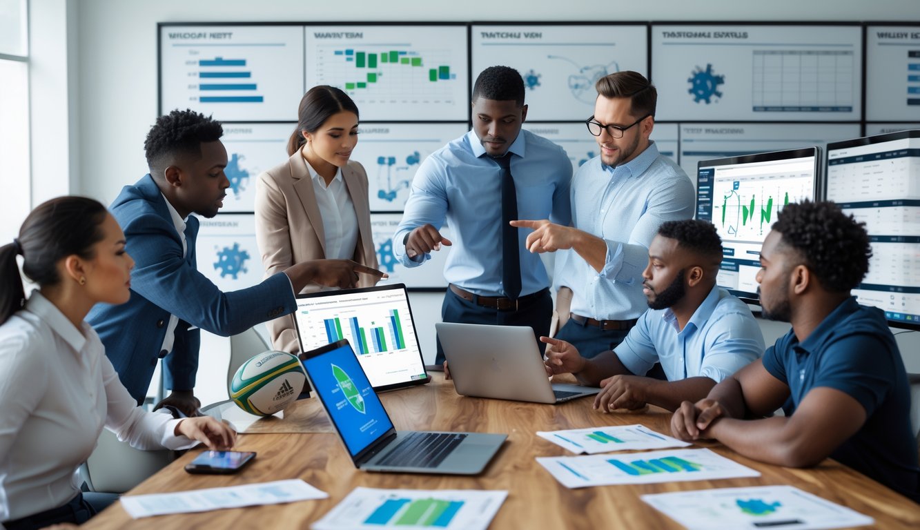 Sekelompok analis olahraga sedang mempelajari data dan strategi tim rugby di sebuah kantor modern.