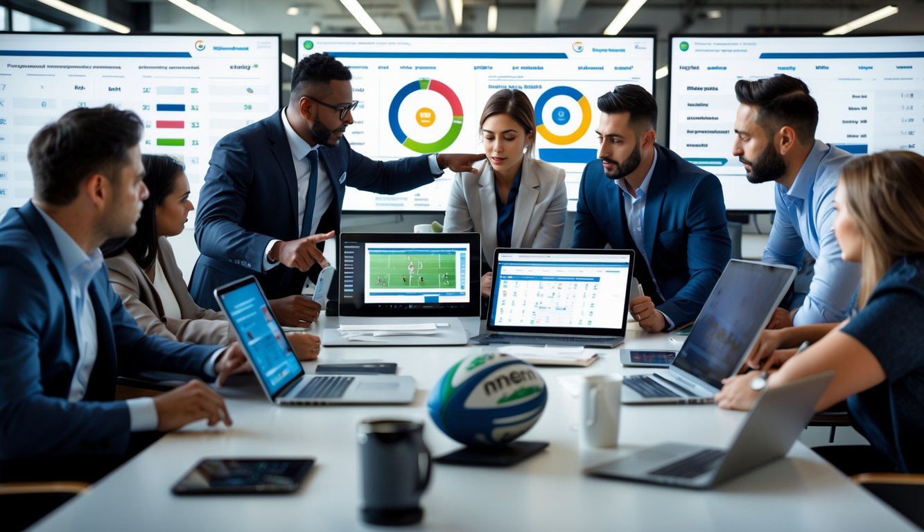Sekelompok analis rugby sedang berdiskusi dan melihat statistik serta diagram pertandingan di ruang kantor.