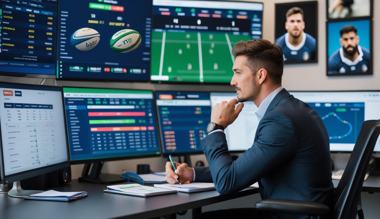 Seorang analis olahraga di kantor yang sedang mempelajari data pertandingan rugby langsung dengan layar komputer dan alat tulis di mejanya.