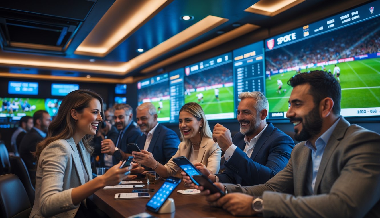 Sekelompok orang sedang memasang taruhan langsung pada pertandingan rugby yang ditayangkan di beberapa layar besar di sebuah bar olahraga modern.