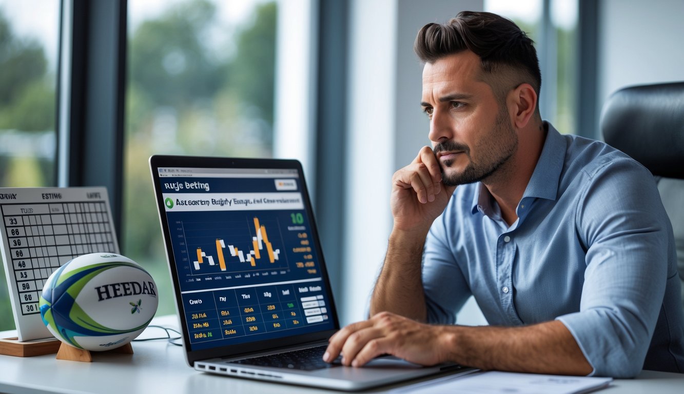 Seorang pria serius duduk di meja dengan laptop yang menampilkan statistik taruhan rugby, di dalam kantor yang terang dan modern.