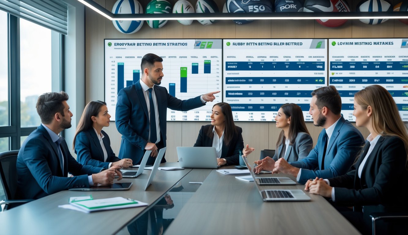Sekelompok profesional sedang berdiskusi serius di ruang rapat dengan layar digital yang menampilkan data terkait taruhan rugby.