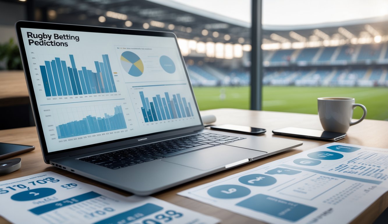 Meja kerja dengan laptop yang menampilkan grafik statistik, kertas data, dan pemandangan stadion rugby di latar belakang.