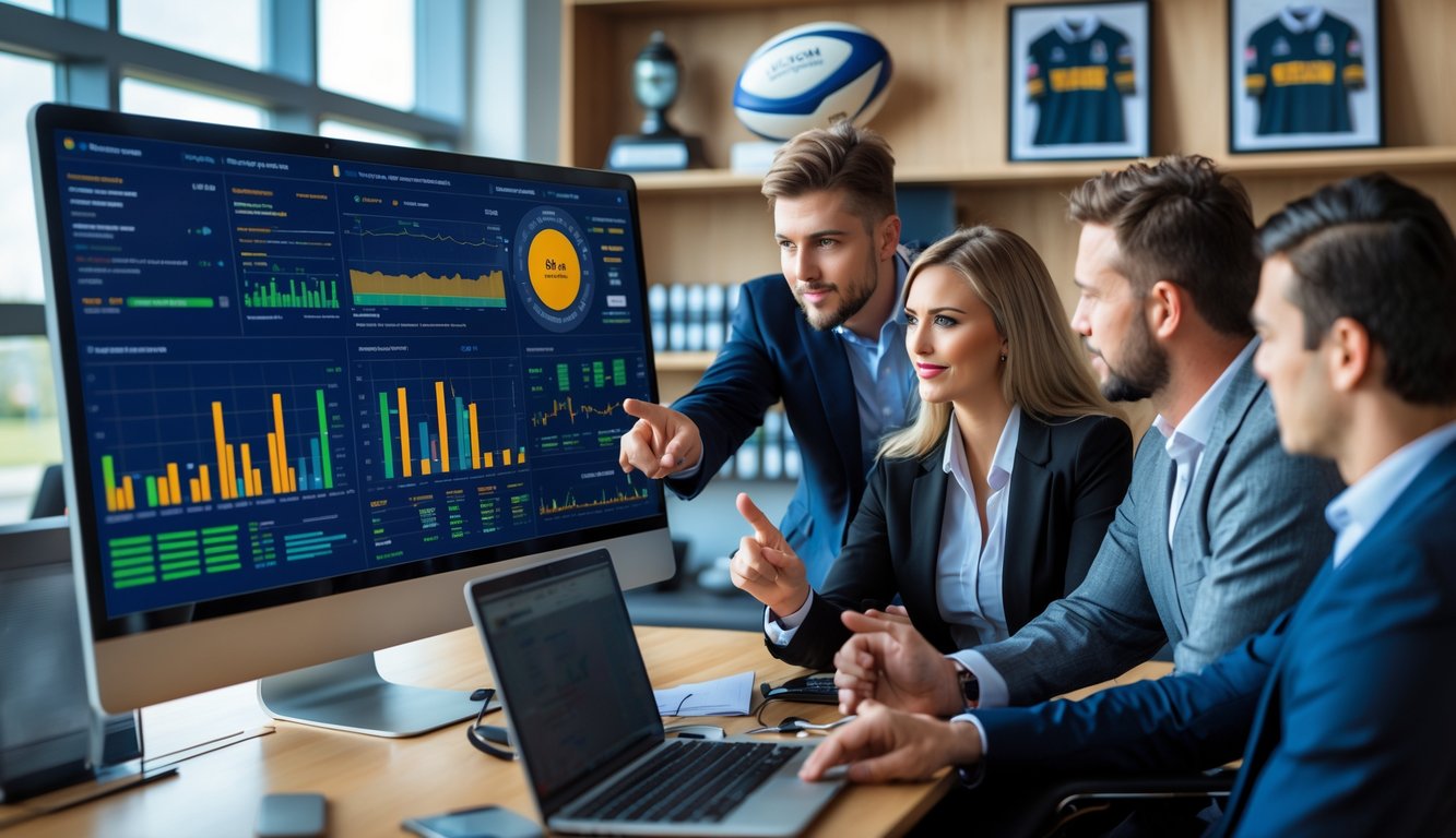 Beberapa profesional sedang berdiskusi di kantor dengan layar komputer yang menampilkan grafik dan data terkait prediksi taruhan rugby.