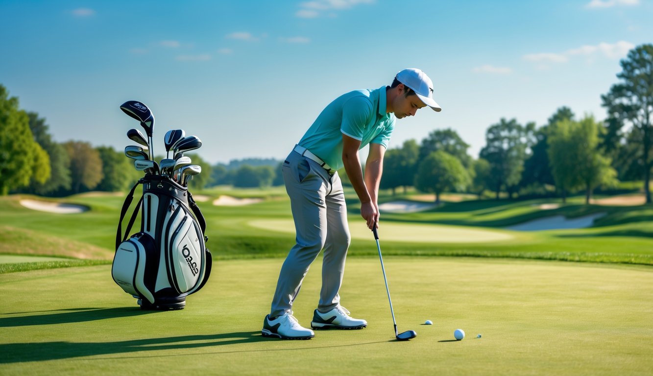Seorang pemain golf pemula sedang bersiap memukul bola golf di lapangan hijau yang cerah dengan tas golf di latar belakang.
