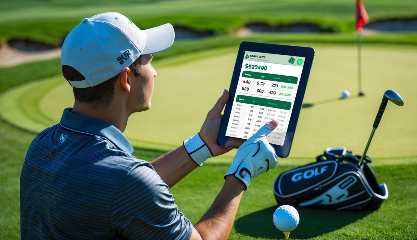 Seorang pegolf pemula sedang mempelajari strategi taruhan golf di lapangan golf dengan tablet dan perlengkapan golf di sekitarnya.