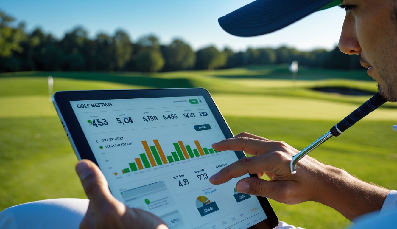 Seorang pegolf sedang melihat perangkat digital di lapangan golf dengan latar rumput hijau dan langit biru.