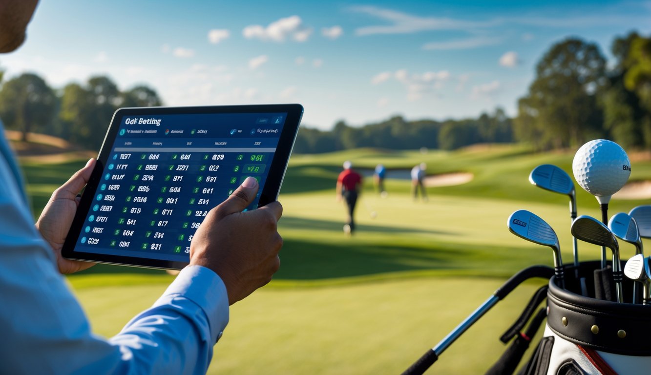 Seseorang sedang melihat layar perangkat digital dengan odds taruhan golf, latar belakang lapangan golf dan pemain golf terlihat samar.