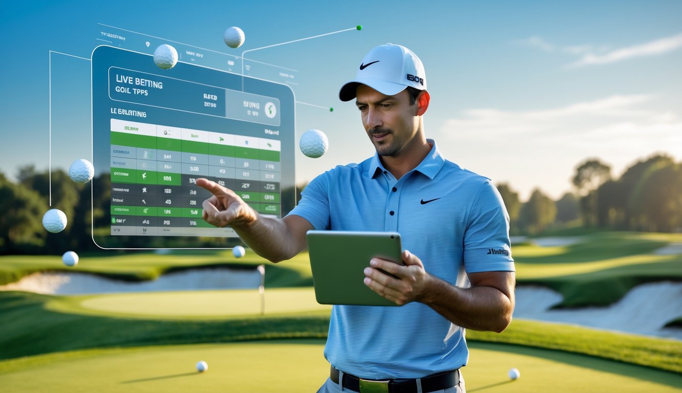 Seorang pegolf pria sedang melihat tablet di lapangan golf hijau dengan langit biru cerah.