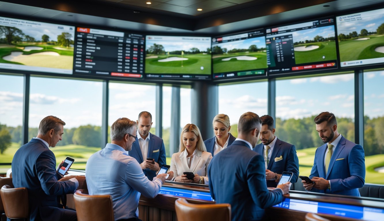 Sekelompok orang dewasa sedang menonton pertandingan golf langsung di layar besar sambil menggunakan ponsel untuk memasang taruhan, dengan latar belakang pemandangan lapangan golf.