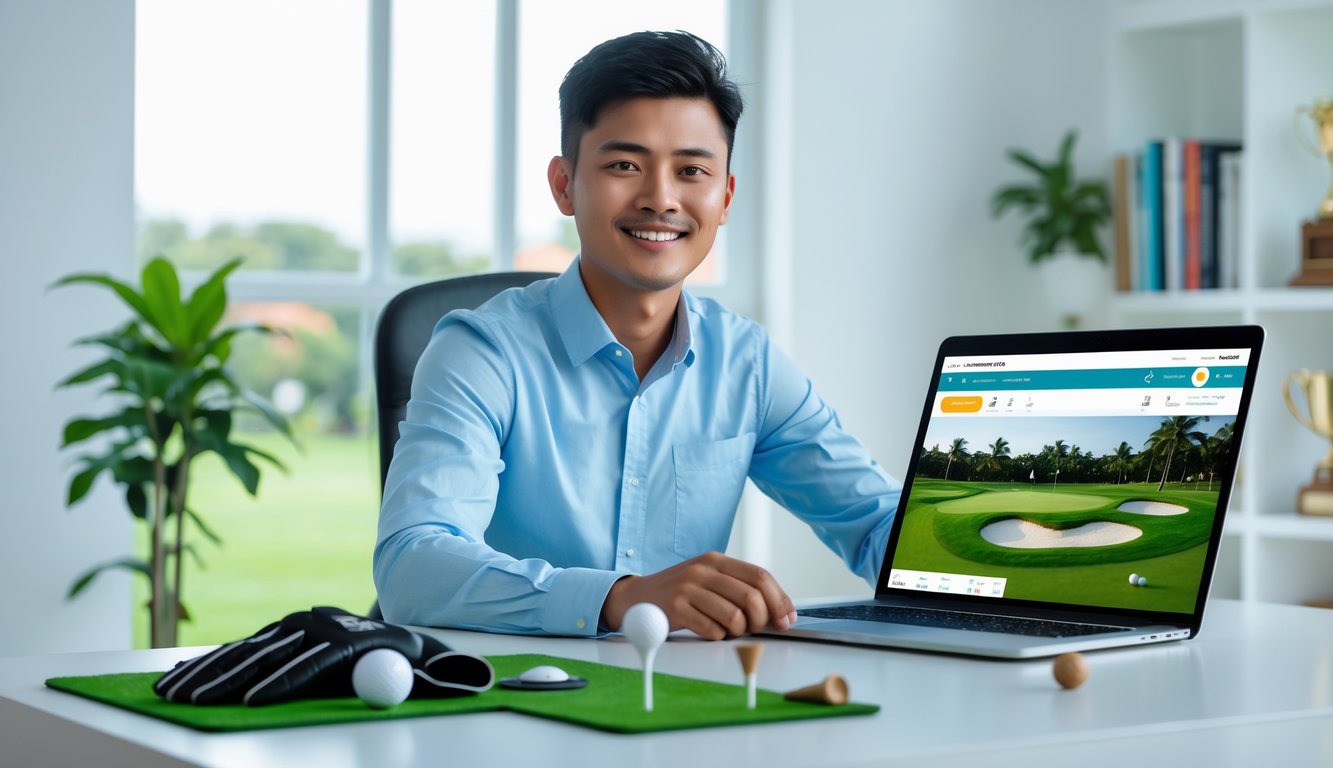 Seorang pria muda duduk di meja dengan laptop menampilkan lapangan golf, dikelilingi barang-barang golf seperti bola dan sarung tangan, sambil memegang ponsel dengan aplikasi taruhan golf.