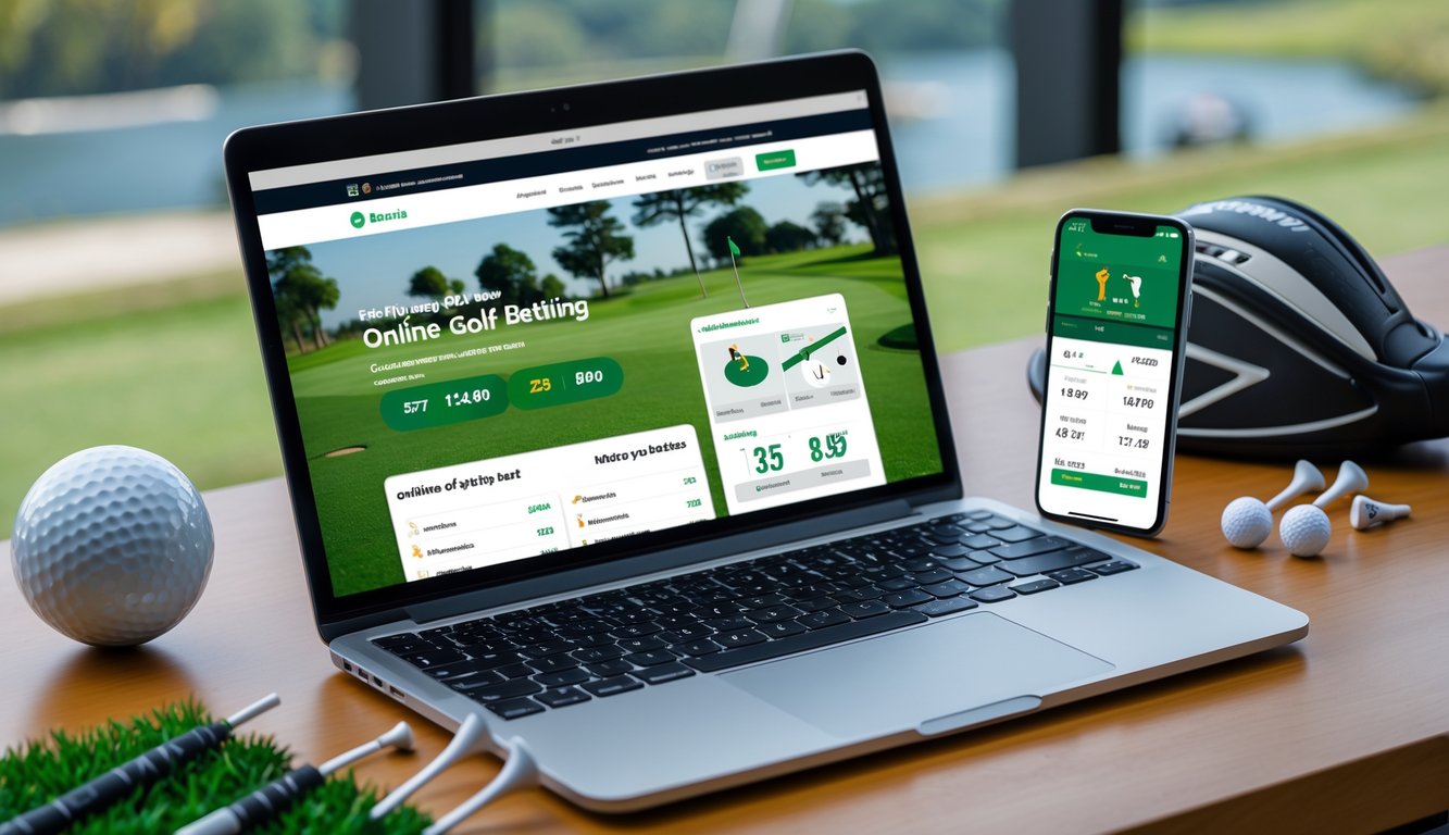 Seorang pemula sedang menggunakan laptop dan ponsel untuk taruhan golf online dengan perlengkapan golf di meja.