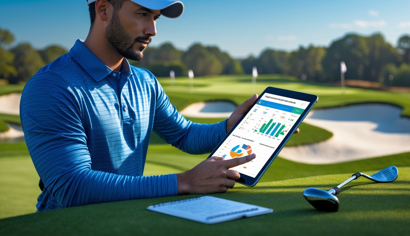 Seorang pegolf sedang memeriksa data statistik pemain di tablet di lapangan golf yang hijau.