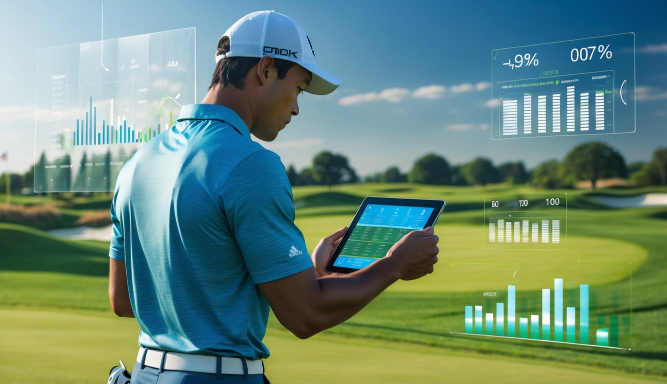 Seorang pegolf pria sedang menganalisis data statistik golf menggunakan tablet di lapangan golf yang hijau dan cerah.