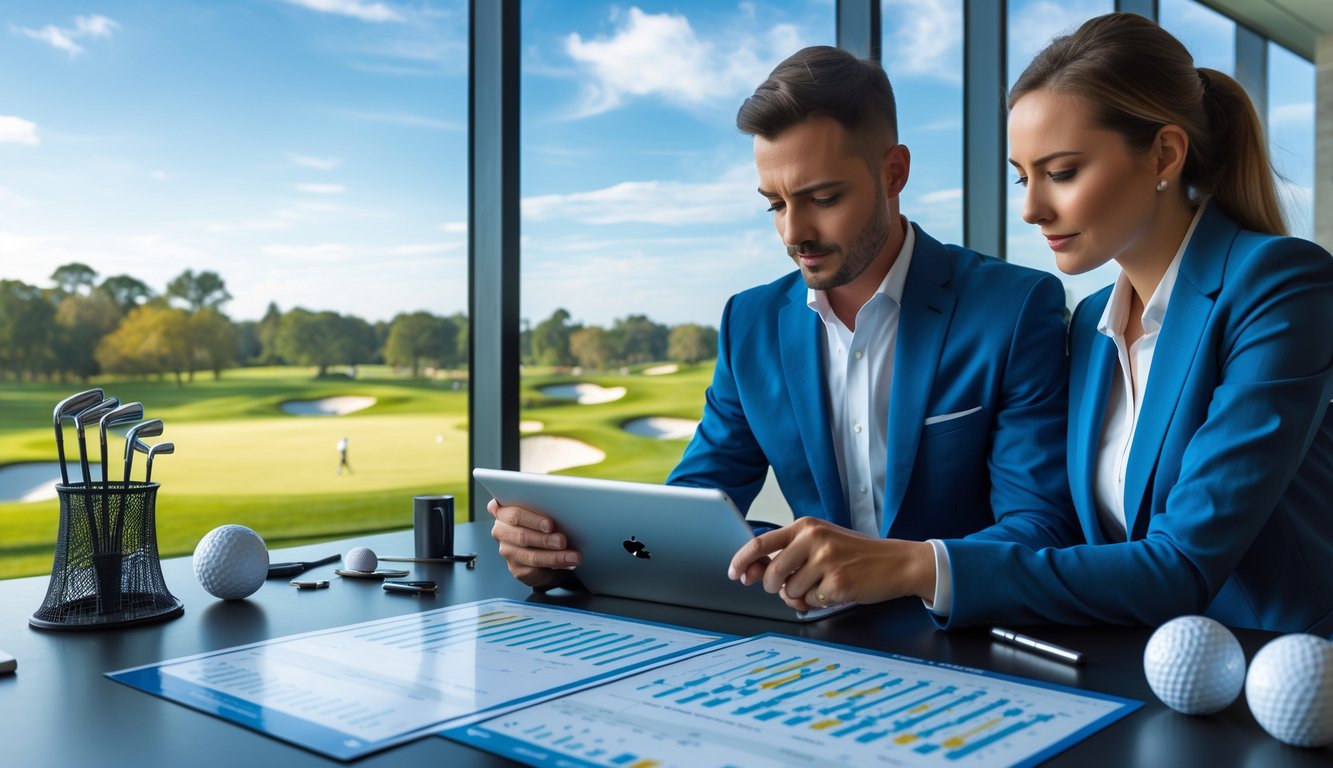 Seorang pria dan wanita sedang menganalisis data turnamen golf di meja kantor dengan latar belakang lapangan golf yang cerah.
