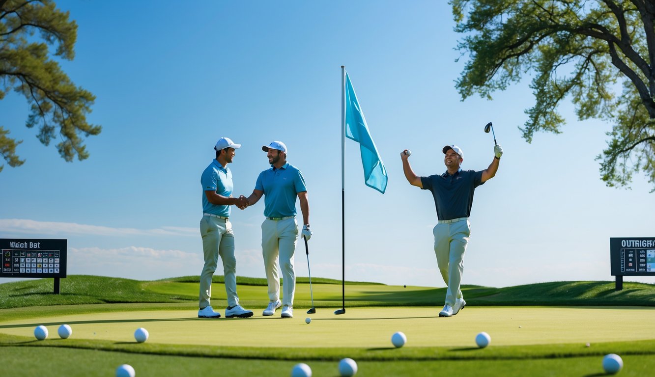 Dua golfer berjabat tangan di lapangan golf di sebelah kiri, dan seorang golfer merayakan kemenangan di sebelah kanan dengan latar belakang lapangan golf hijau dan langit cerah.
