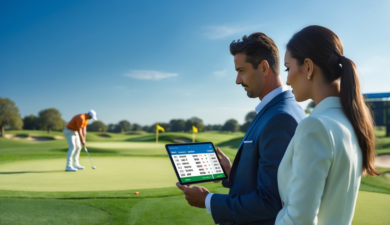 Dua orang berdiri di lapangan golf, berdiskusi sambil melihat tablet, dengan pemain golf sedang melakukan ayunan di latar belakang.