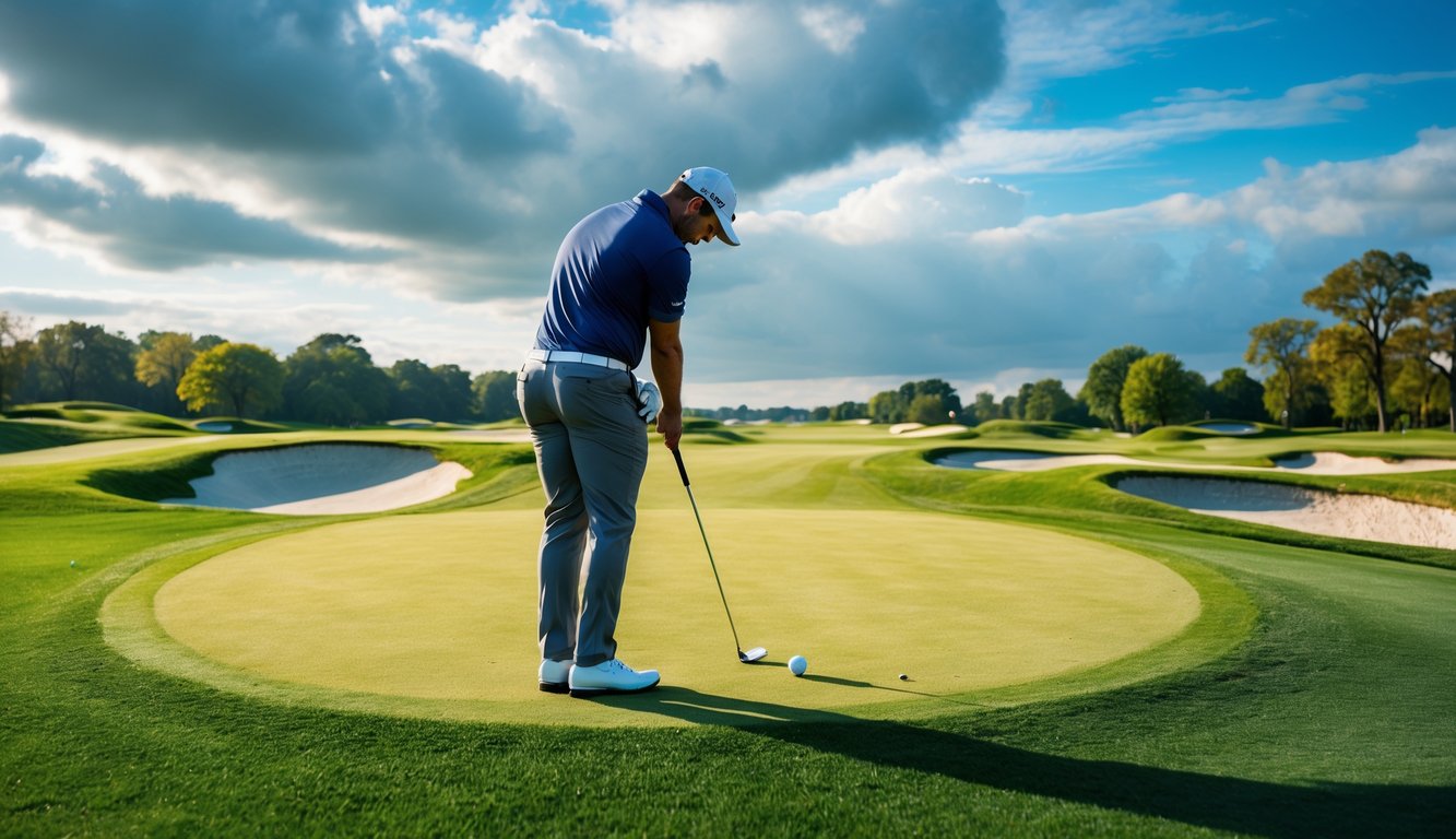 Seorang pegolf sedang bersiap memukul bola di lapangan golf dengan kondisi cuaca cerah dan mendung di latar belakang.