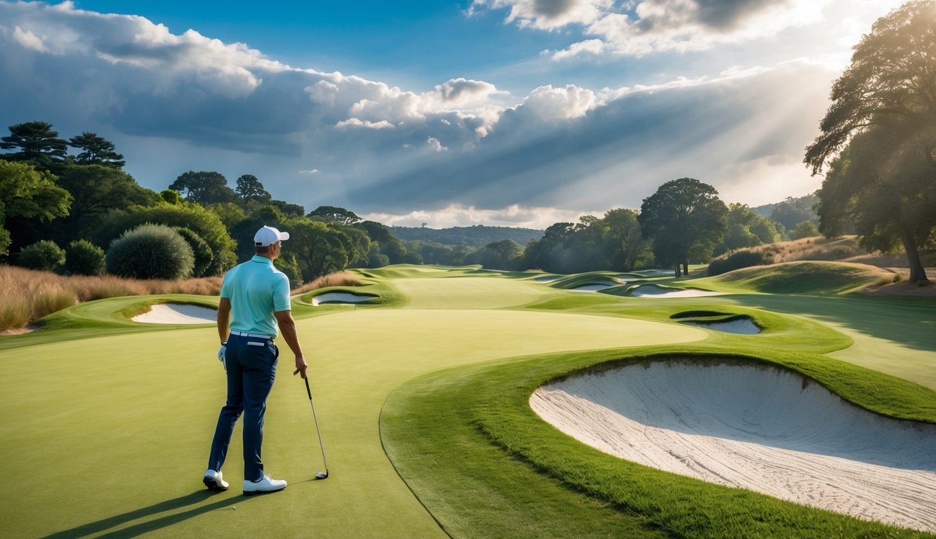 Seorang pegolf sedang mengamati lapangan golf dengan kondisi cuaca campuran, di sekitar terdapat lapangan hijau, bunker pasir, dan pepohonan.