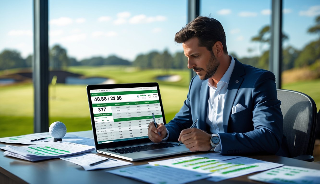 Seorang pria duduk di meja dengan laptop dan dokumen, menganalisis strategi taruhan golf di sebuah kantor dengan pemandangan lapangan golf di luar jendela.