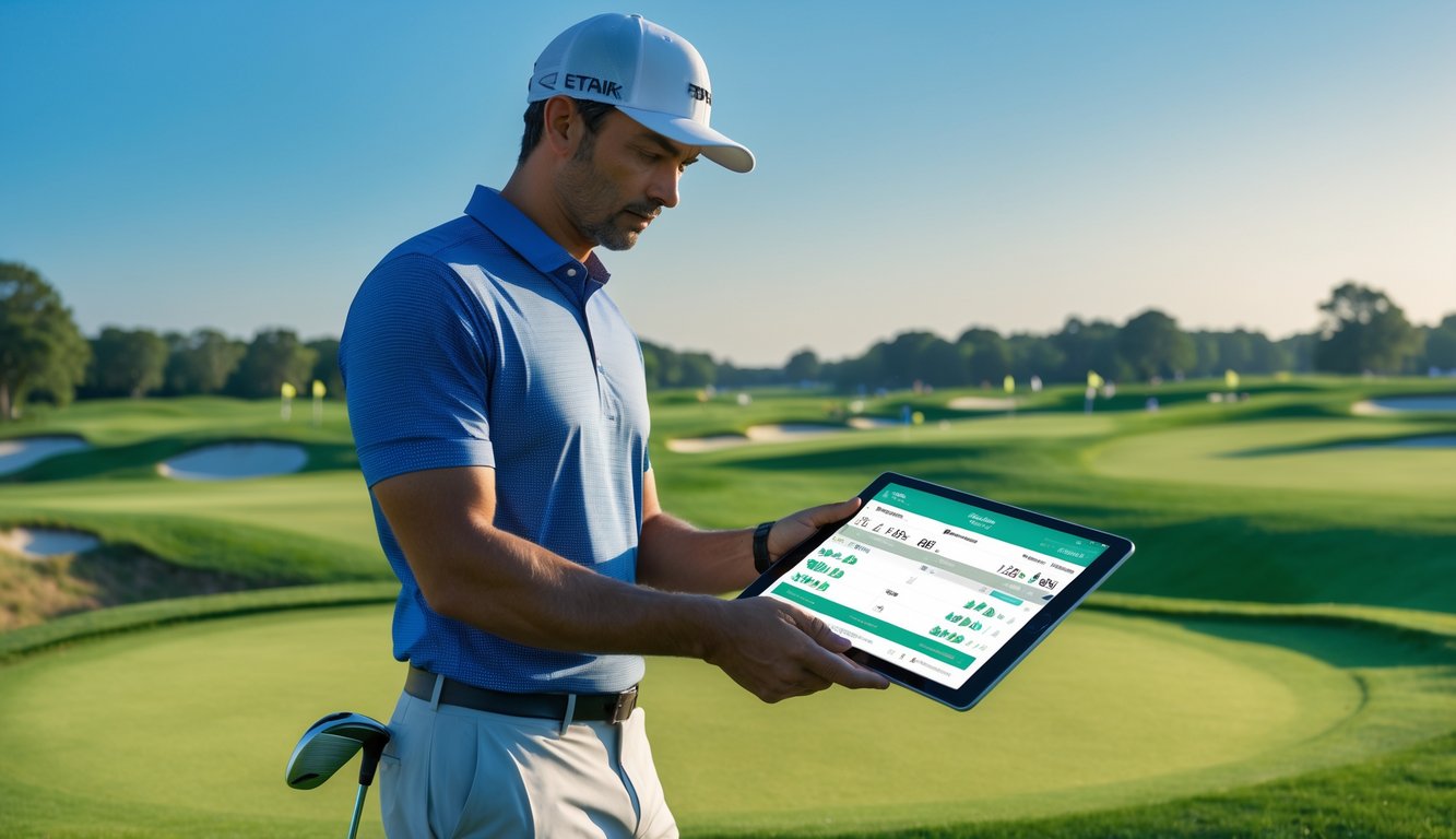 Seorang petaruh golf berpengalaman sedang menganalisis lapangan golf dan data taruhan menggunakan tablet di dekat lapangan golf hijau.