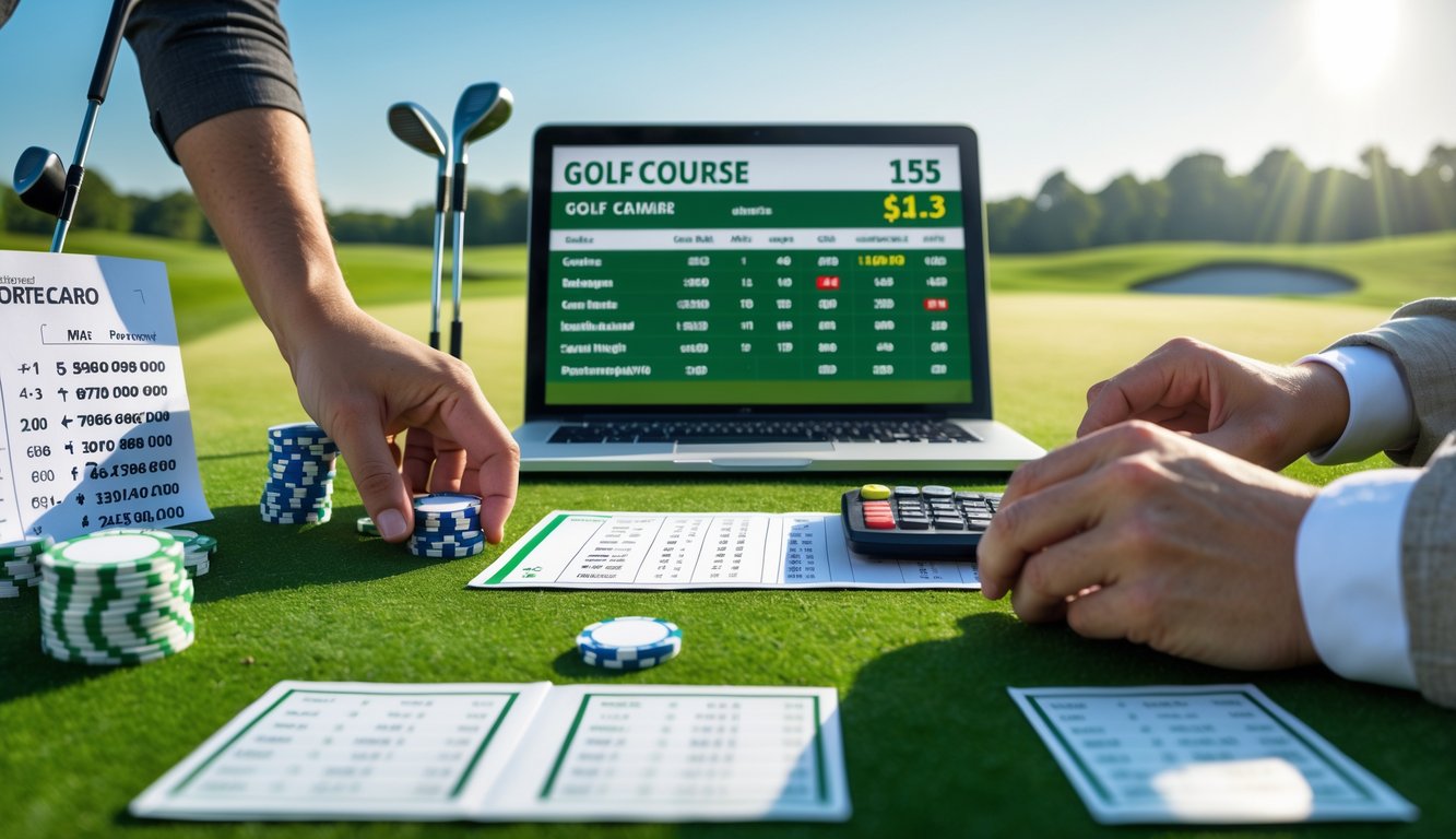 Seseorang mengelola uang dan alat taruhan di meja dengan latar belakang lapangan golf hijau.