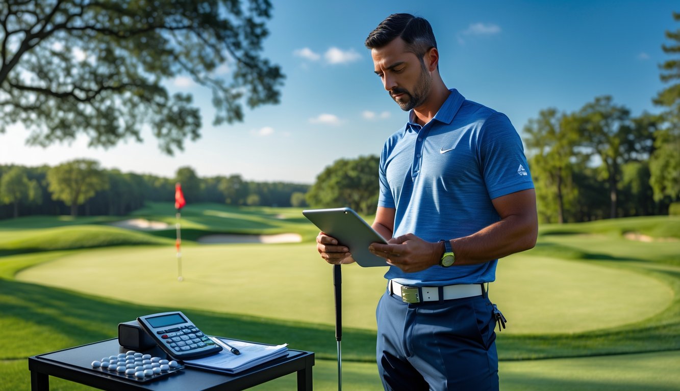 Seorang pria sedang berdiri di lapangan golf sambil memegang tongkat golf dan melihat tablet, dengan meja kecil berisi kalkulator dan bola golf di sampingnya.