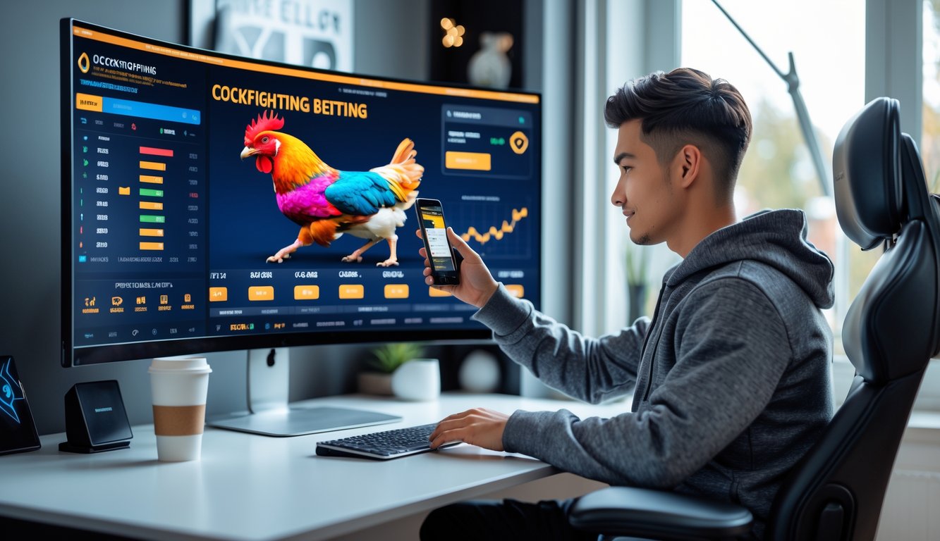 Seorang pria muda duduk di depan komputer dengan layar besar yang menampilkan situs taruhan sabung ayam online, menggunakan ponsel di tangan lain di ruang kerja modern.