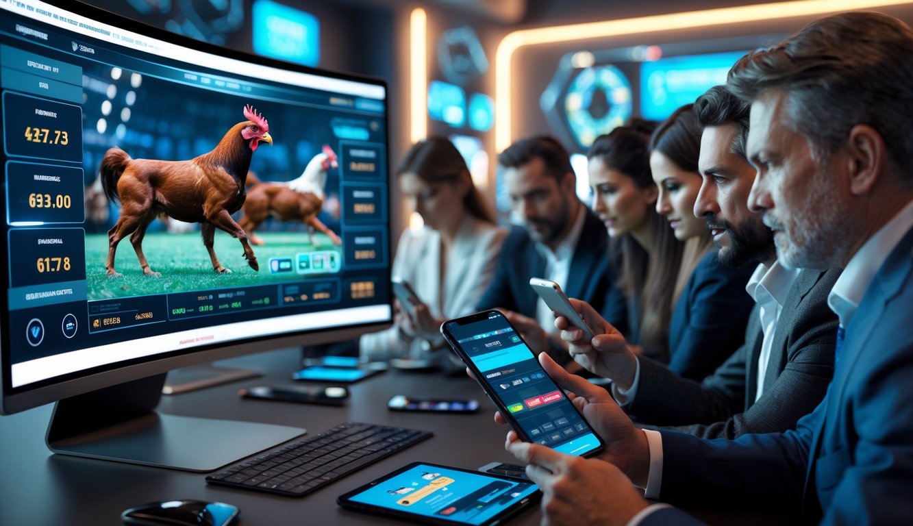 Orang-orang menggunakan perangkat digital untuk bertaruh sabung ayam secara online dengan latar ruangan modern dan teknologi canggih.