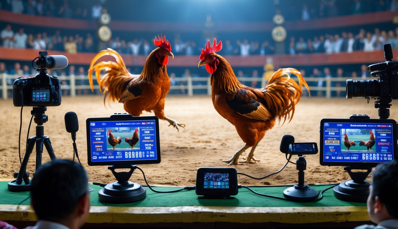 Dua ayam aduan sedang bertarung di arena dengan penonton di sekitar dan peralatan streaming digital di depan.