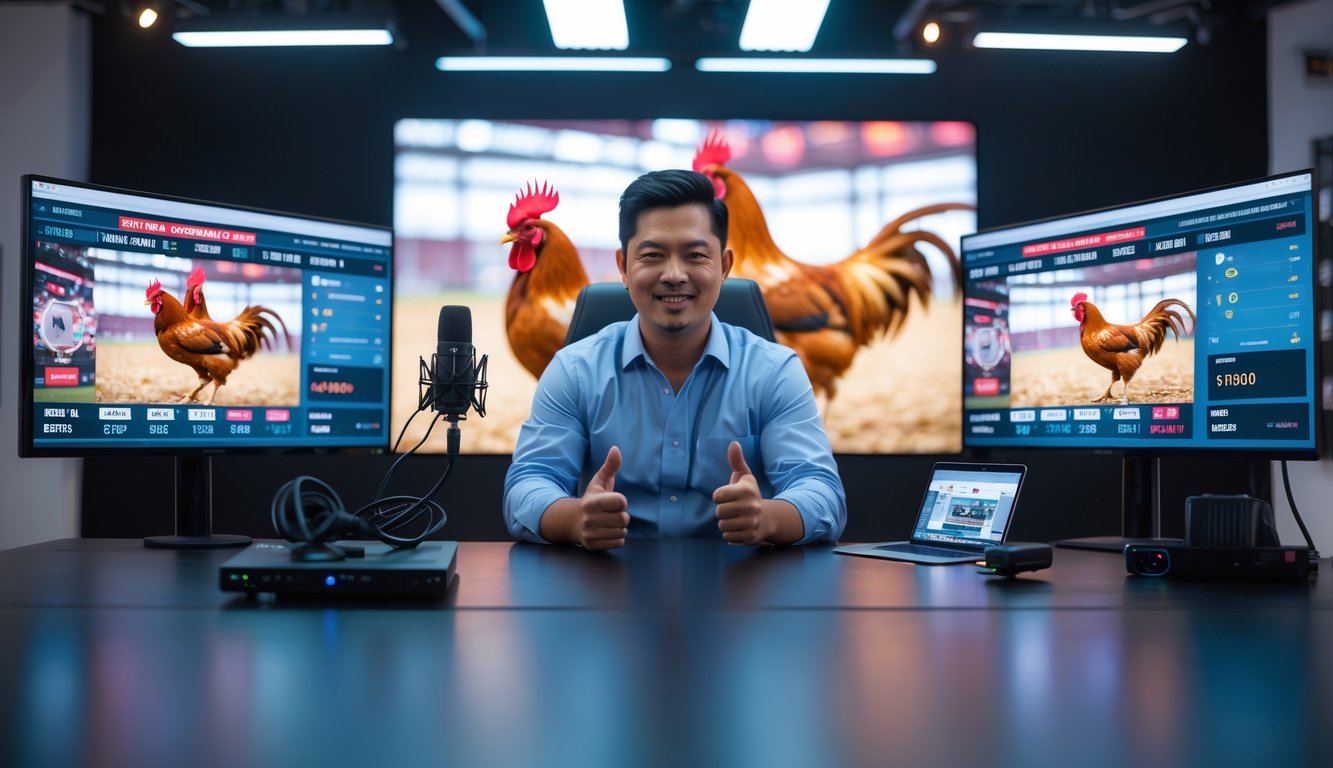 Seorang presenter di studio streaming modern dengan layar besar menampilkan sabung ayam dan sistem taruhan secara langsung.