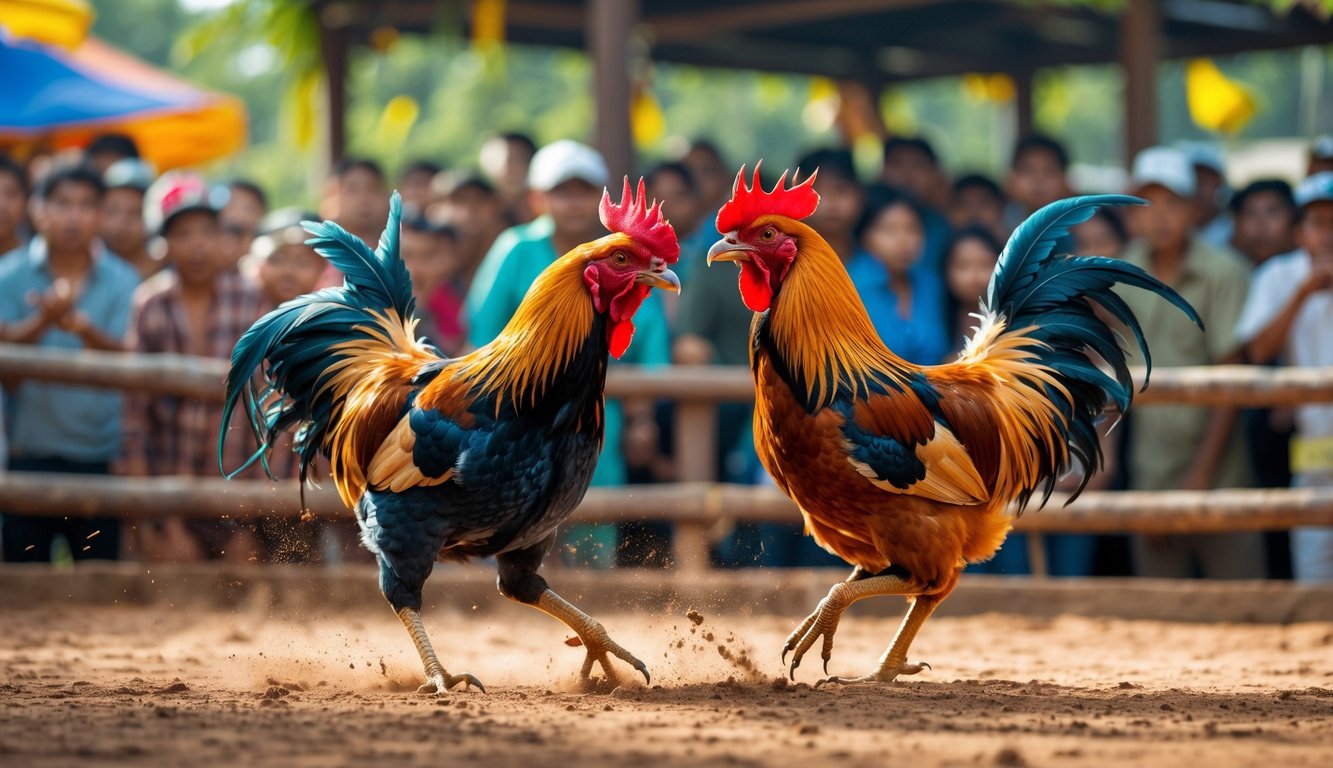 Dua ayam jago sedang bertarung di arena sabung ayam dengan penonton di latar belakang.