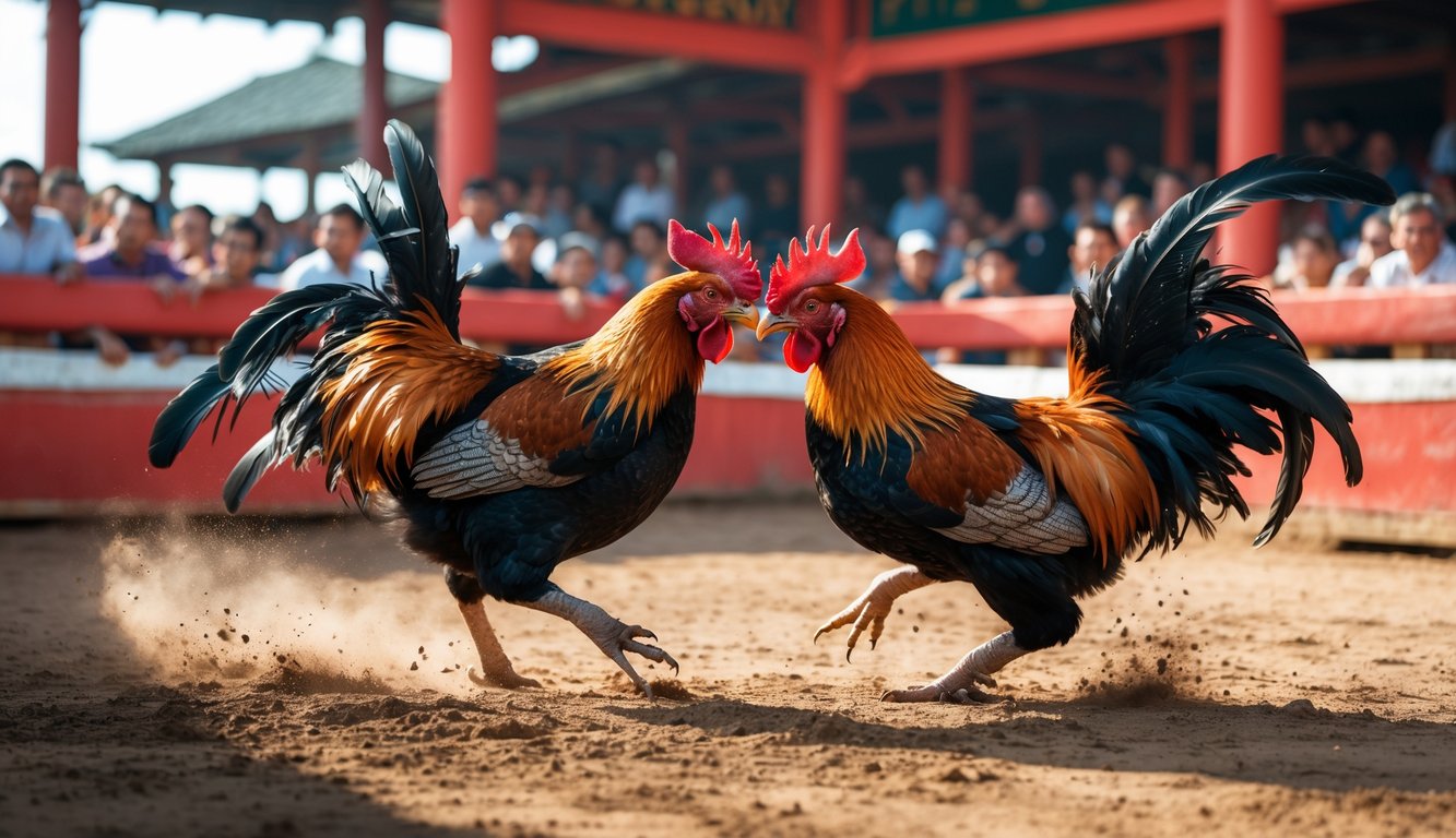Pertarungan dua ayam jago di arena sabung ayam dengan penonton yang antusias di latar belakang.