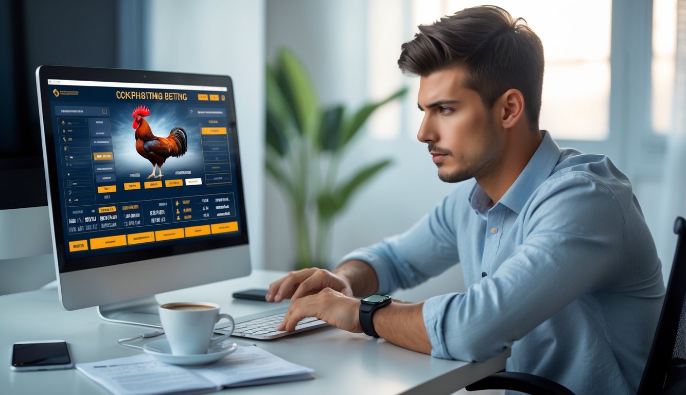 Seorang pria muda sedang fokus menggunakan laptop di ruang kerja rumah yang rapi dengan catatan dan kopi di meja.