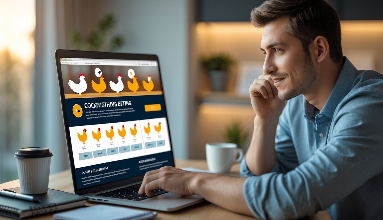 Seorang pria muda sedang duduk di depan laptop, fokus melihat layar dengan tampilan situs taruhan sabung ayam online, di meja terdapat buku catatan dan secangkir kopi.