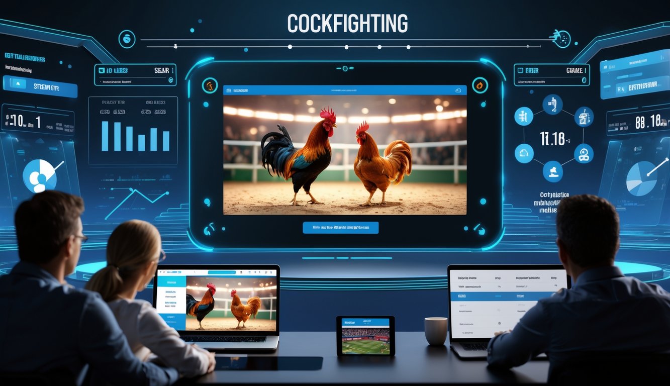 Orang-orang menonton siaran langsung pertarungan ayam jago dengan tampilan antarmuka platform taruhan dan grafik peluang di layar besar.