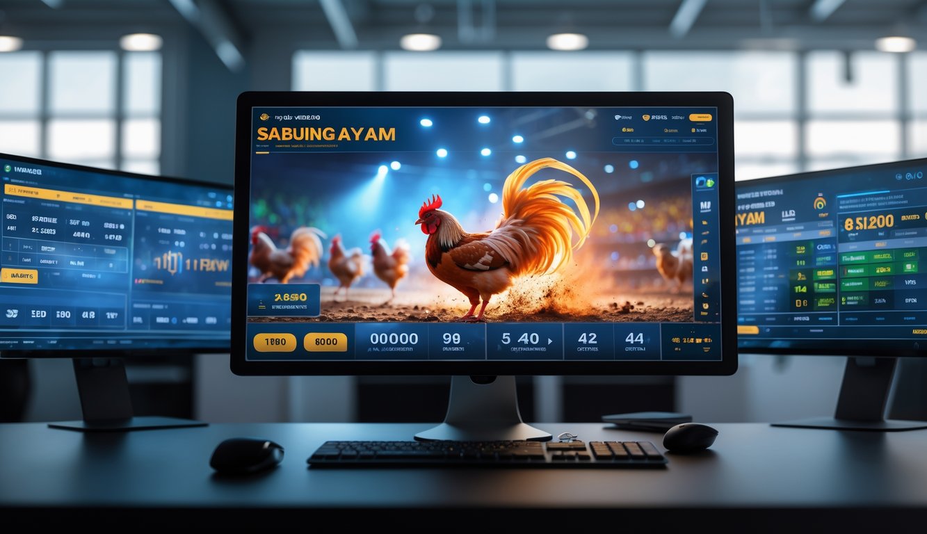 Sebuah ruang kontrol modern dengan beberapa monitor yang menampilkan pertandingan sabung ayam secara langsung dan data taruhan secara real-time.