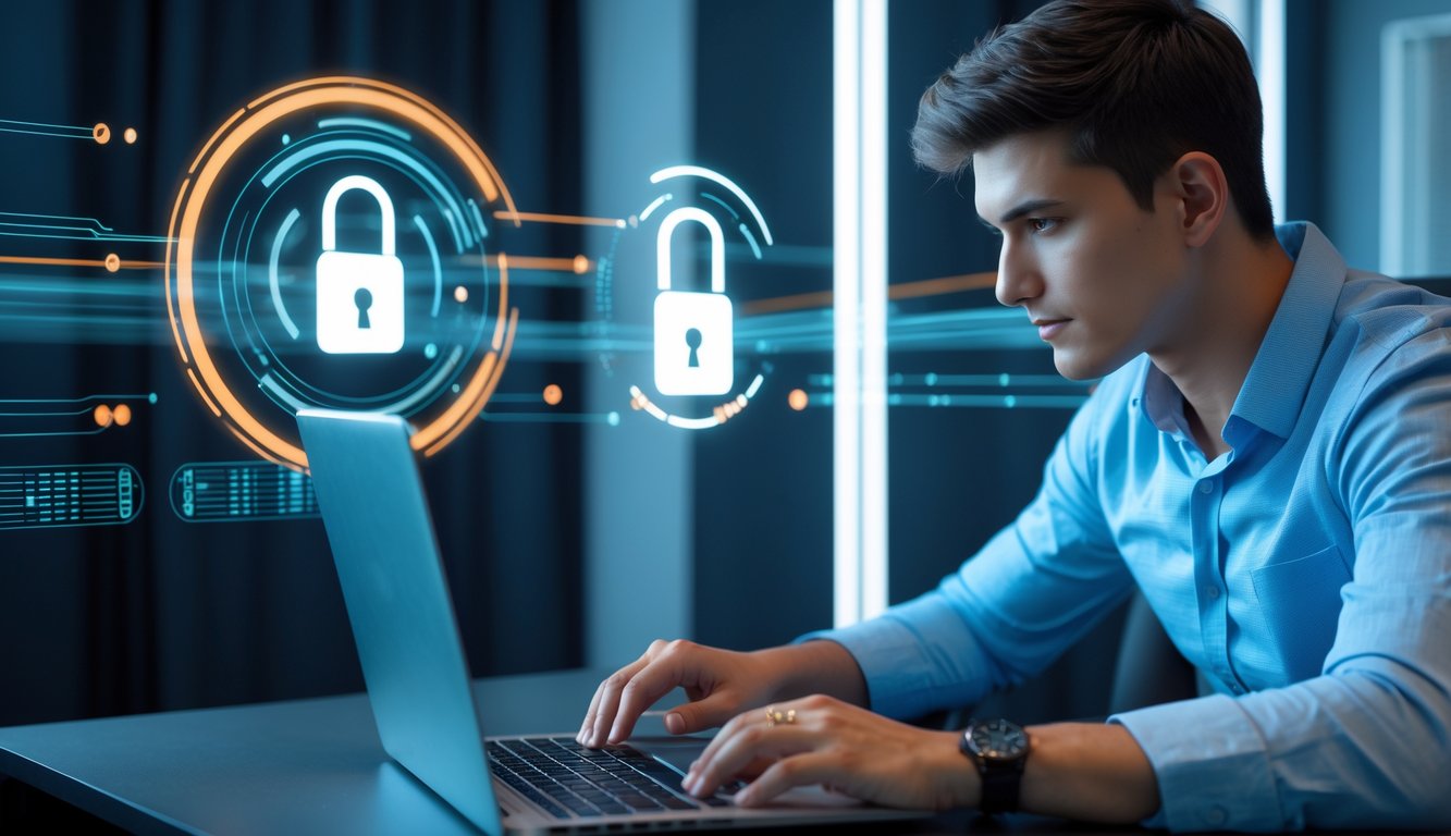 Seorang pria muda menggunakan laptop di ruangan modern yang terang, dengan latar belakang elemen digital yang melambangkan keamanan dan kecepatan transaksi.