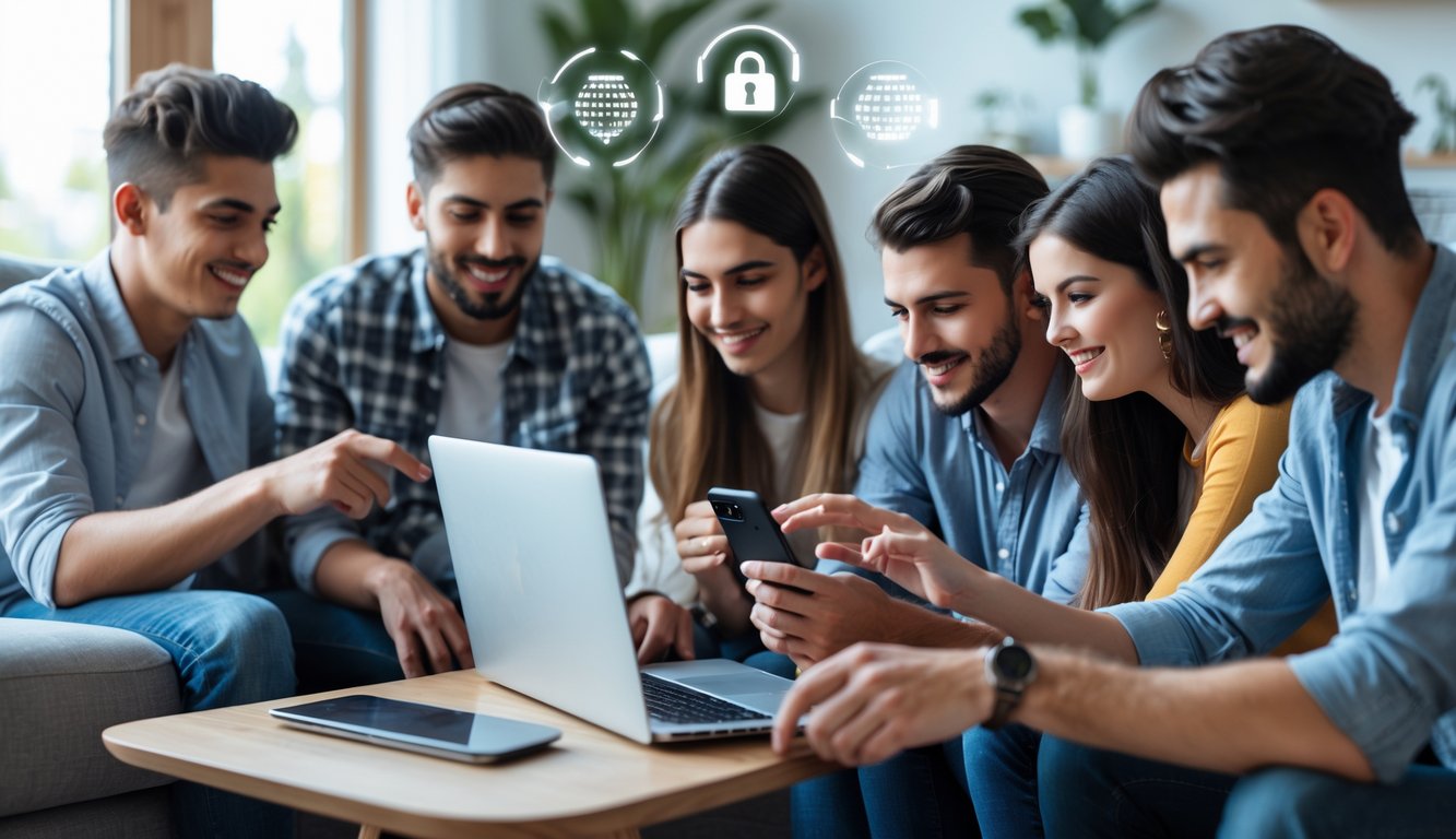 Sekelompok orang muda menggunakan laptop dan ponsel di ruang tamu yang terang untuk bertaruh secara online dengan suasana aman dan cepat.