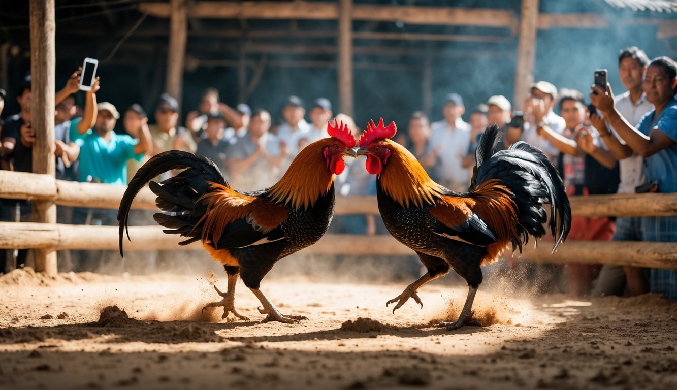 Dua ayam jantan sedang bertarung di arena dengan penonton menonton dan menggunakan perangkat streaming.