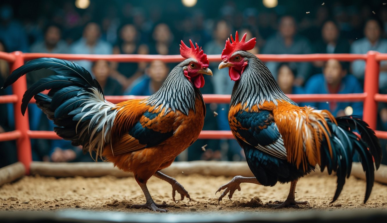 Dua ayam jago sedang bertarung di arena sabung ayam dengan penonton di sekitar yang memperhatikan dengan serius.