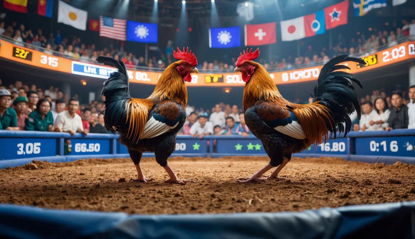 Arena sabung ayam dengan dua ayam sedang bertarung di tengah, dikelilingi penonton yang menonton dengan antusias.