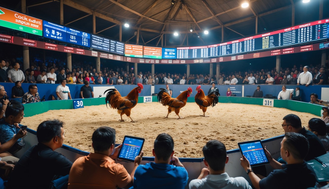 Arena sabung ayam internasional dengan penonton yang antusias menyaksikan dua ayam jago bertarung di arena, beberapa orang menggunakan tablet dan ponsel untuk melihat informasi taruhan.