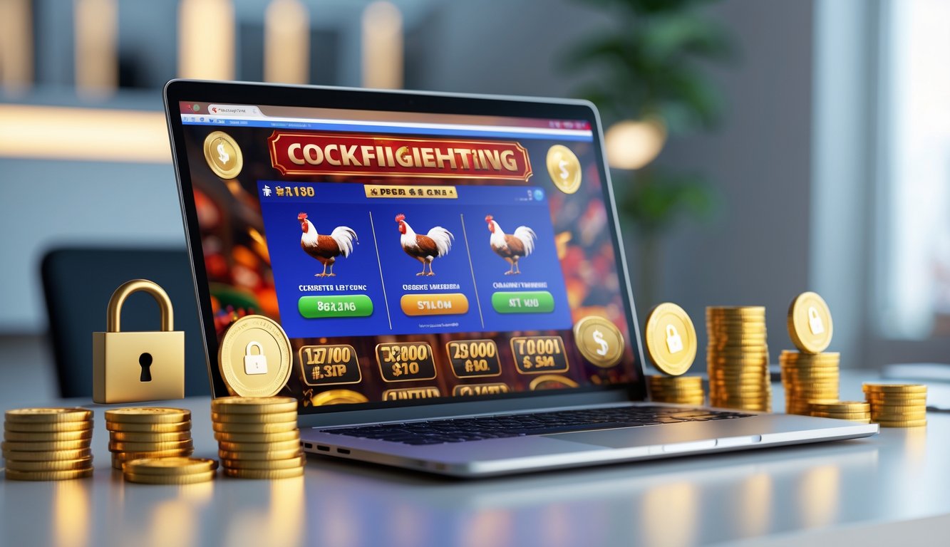 Sebuah laptop dan smartphone di atas meja dengan simbol koin emas dan ikon bonus, menggambarkan situs sabung ayam online yang terpercaya dan menawarkan bonus besar.