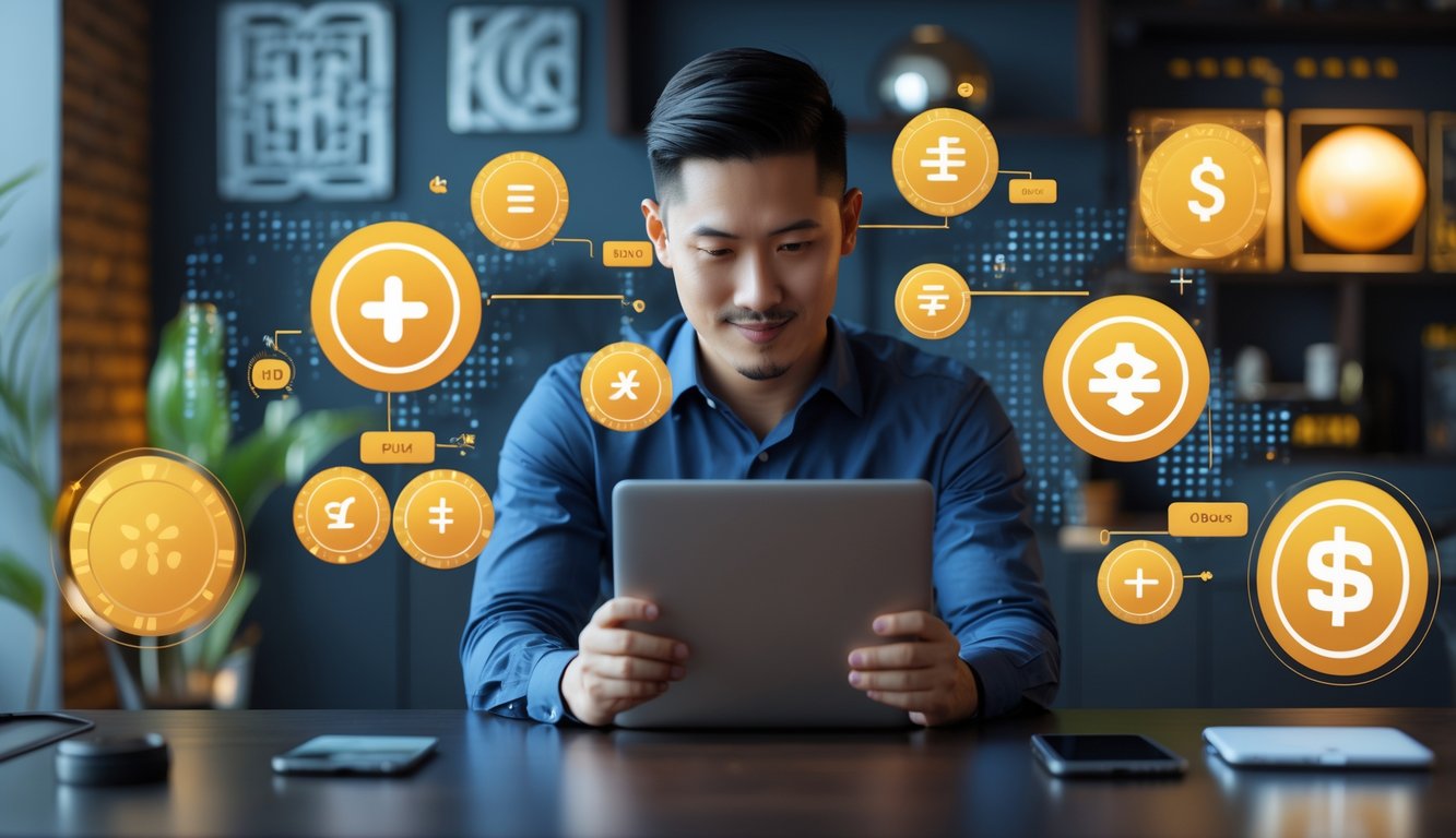 Seorang pria percaya diri menggunakan laptop dan ponsel di ruang kerja modern dengan dekorasi bernuansa budaya Asia Tenggara.