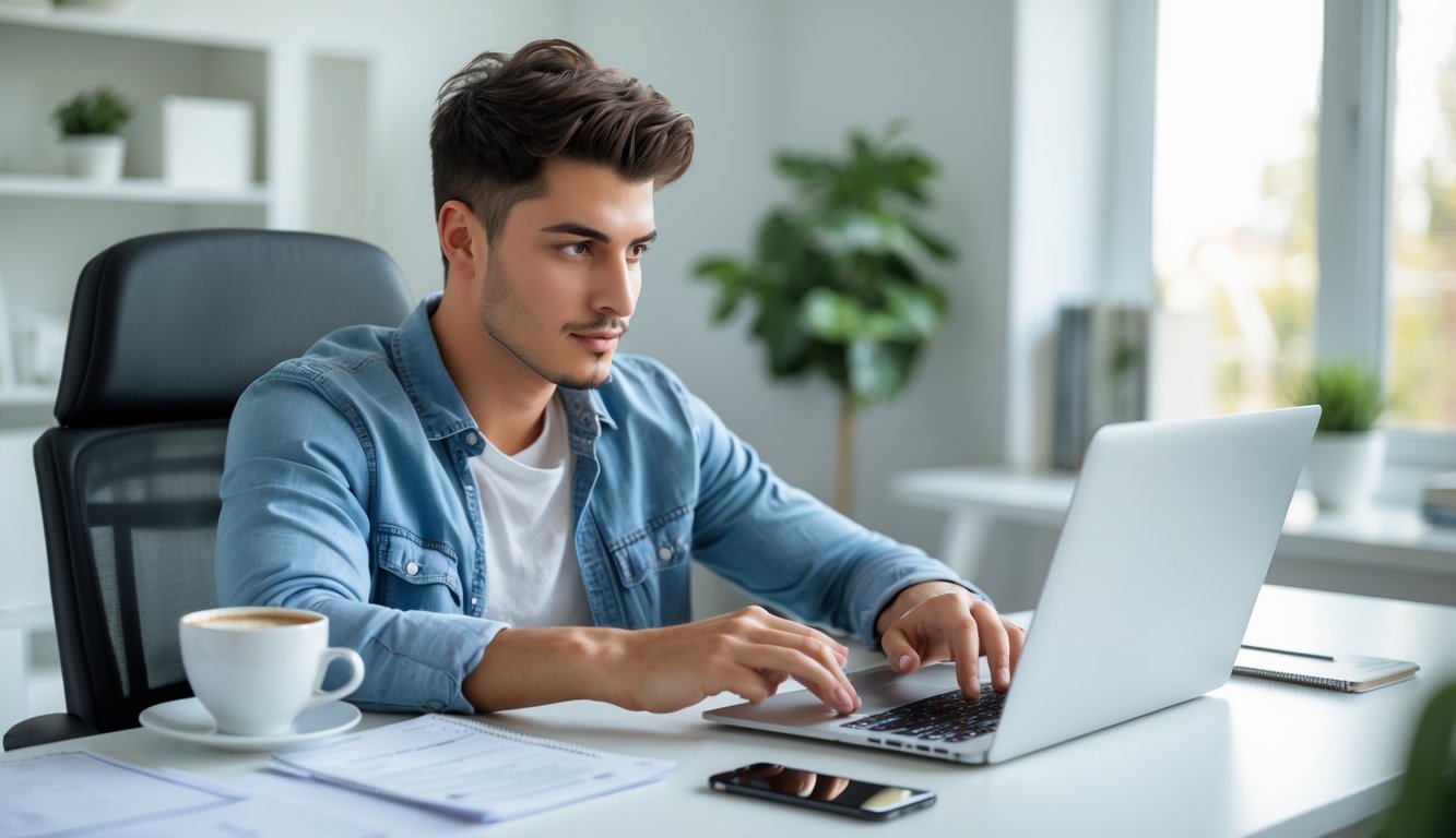 Seorang pria muda duduk di meja kerja dengan laptop terbuka, fokus belajar di ruang kerja yang terang dan rapi.